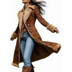 Retro Women's Faux Suede Western Retro Fleece-Lined Trench Coat- Size Small